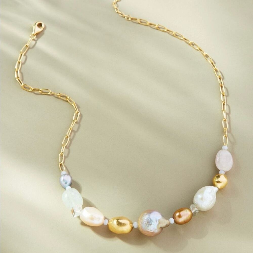 Anthropologie Pearl Quartz Beaded Gold Brass Paperclip Linked Necklace NWT